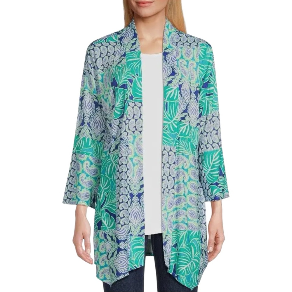 Ruby Rd. Open-Front Printed Cardigan in Teal & Blue